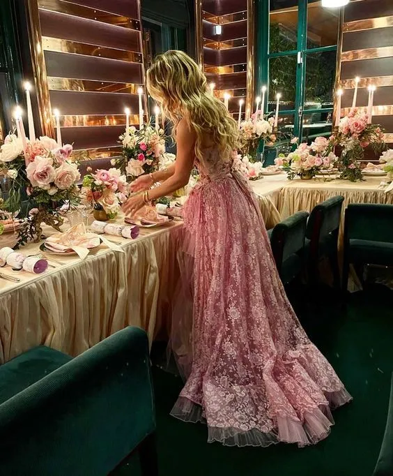 Elegant Rosa Hög Låg Kvällsfestbalklänning Moderiktig Klänning