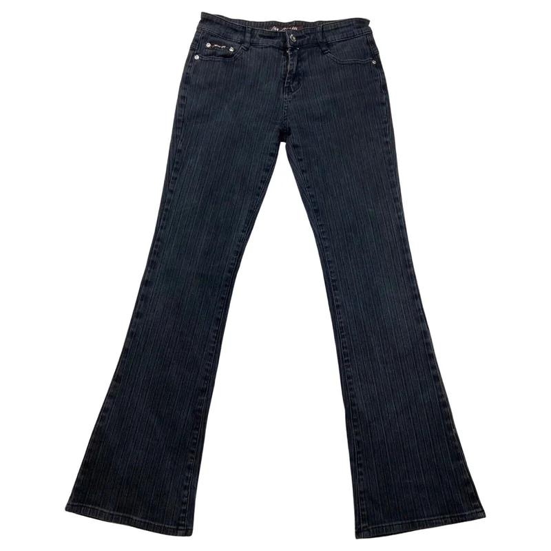 Vintage Y2K Black Textured Pinstripe Embroidered Butterfly Flared Denim Jeans S