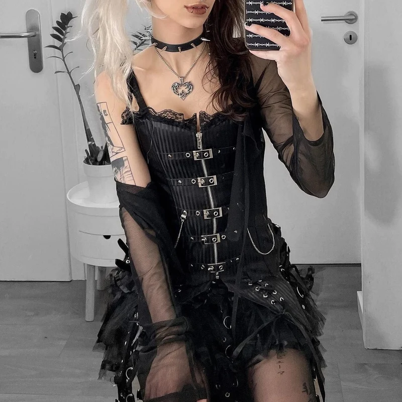 Kvinnors Steampunk Front Zip Overbust Korsetter Med Kedjor