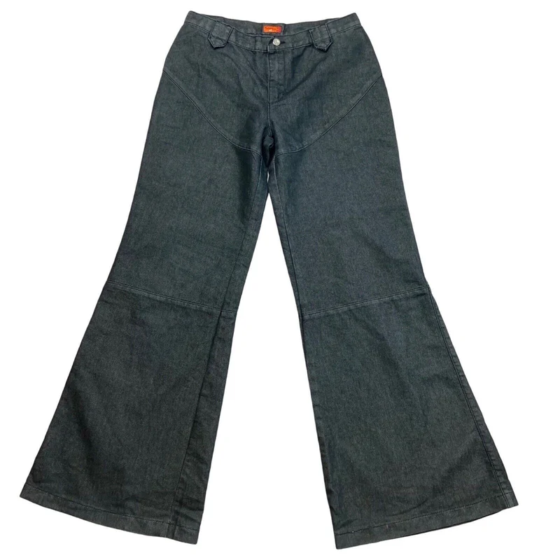 Vintage 00s Y2K Black Twill Weave Wide Leg Fishbone Denim Jeans 32" 12