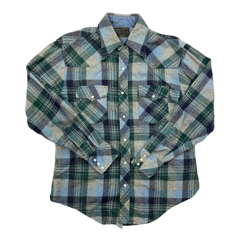 VTG 70s BLUE WOOL PLAID PEARL SNAP WESTERN SHIRT ROCKABILLY HOT ROD 46” (42)