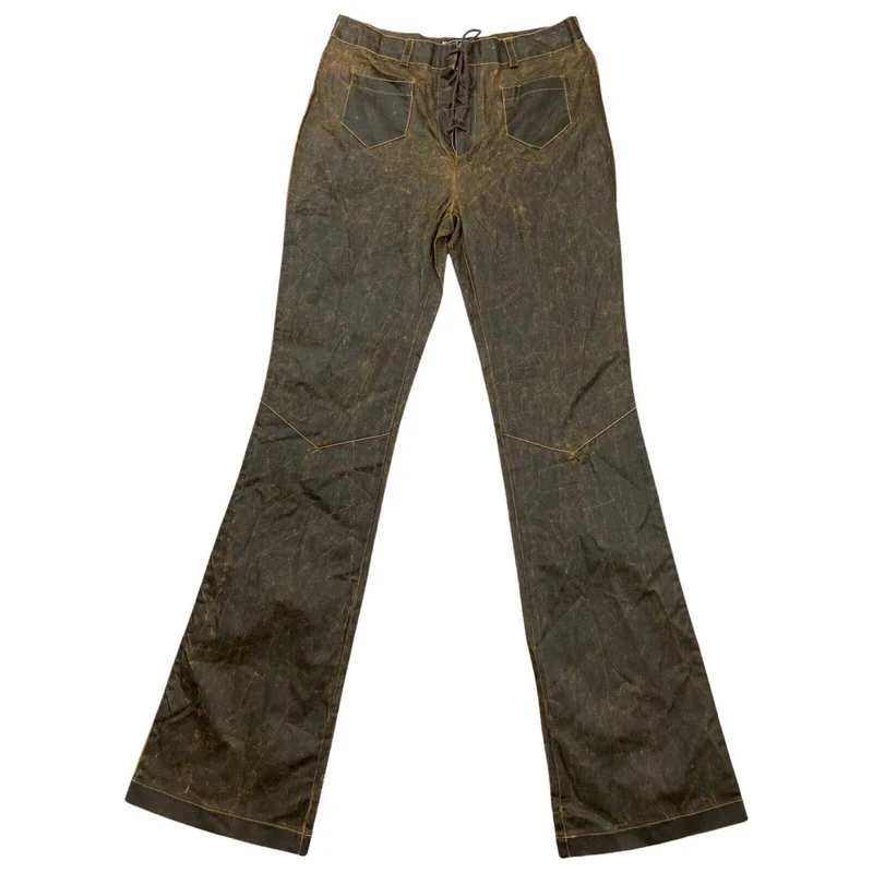 Vintage Y2K Brown Distressed Leather Look Flared Lace Up Trousers 8 10 S