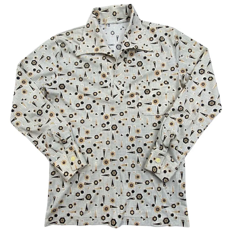 VTG 70s BIG COLLAR MENS POLY SMOCK SHIRT GEOMETRIC PSYCHEDELIC PRINT 37” (34) S