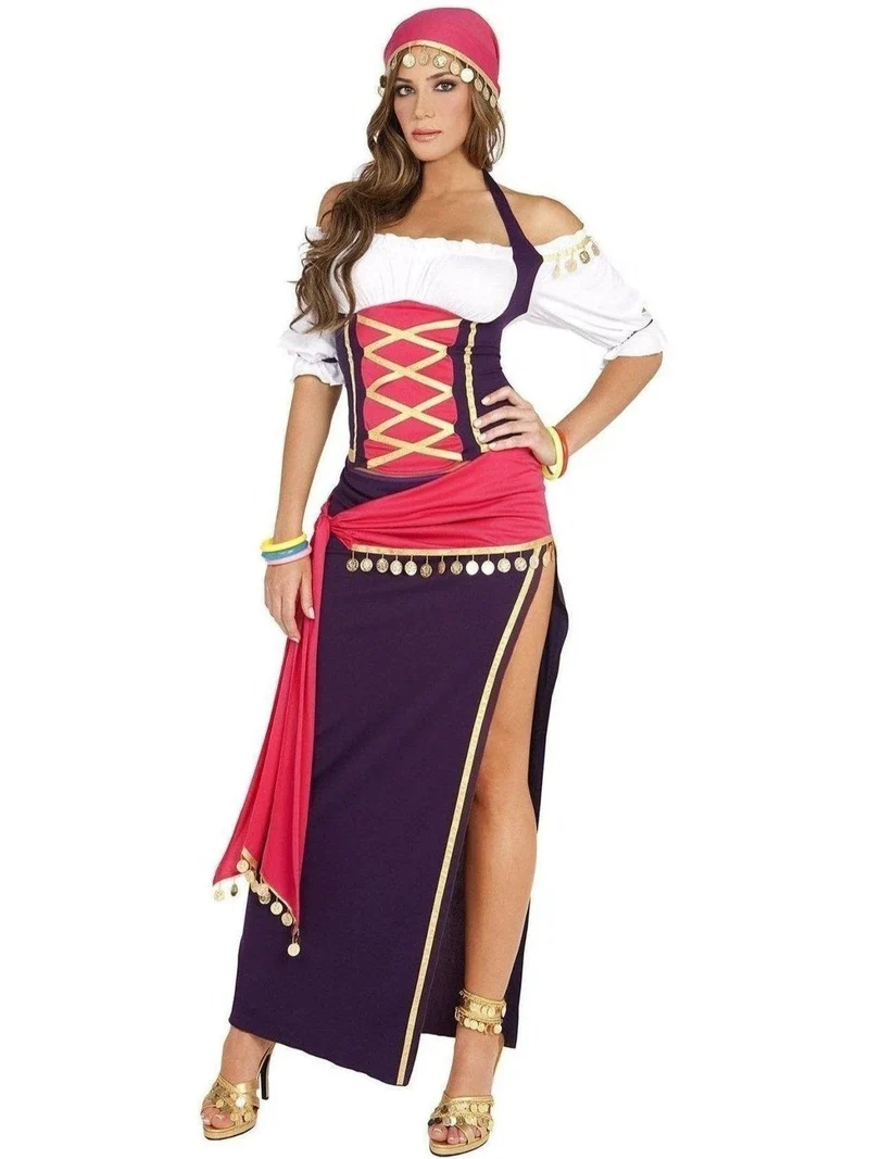 Elegant Moments Gypsy Maiden-kostym 5-delars set - Bara axlar topp, kjol, skärp, halsduk och armband, lila/vit, storlek S