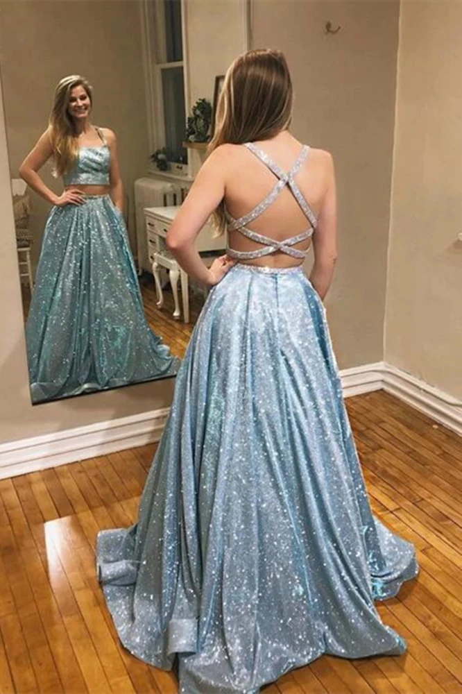 Dusty Blue/Lavendel Glitter Long Cross Back Balklänning