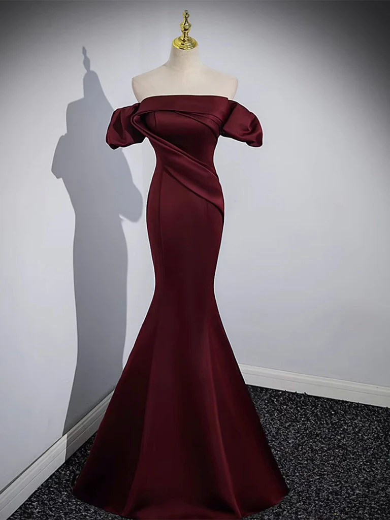 Off the Shoulder Satin Burgundy Mermaid Prom Dress högtidlig klänning