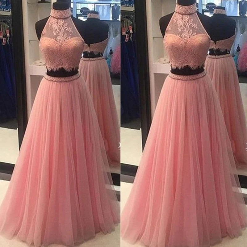 Peach Pink Grimma Spets Topp Tvådelad Lång Tyll Balklänning