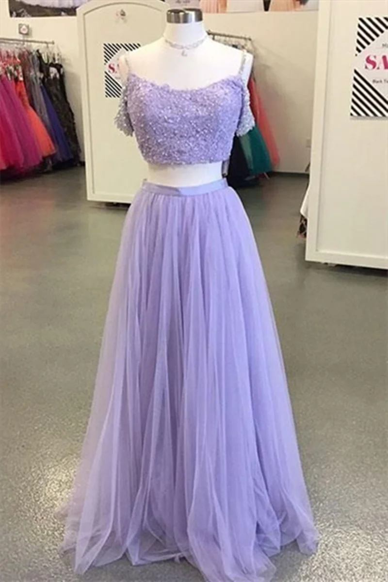 Lilac Off The Shoulder Lace Top Tvådelad lång balklänning
