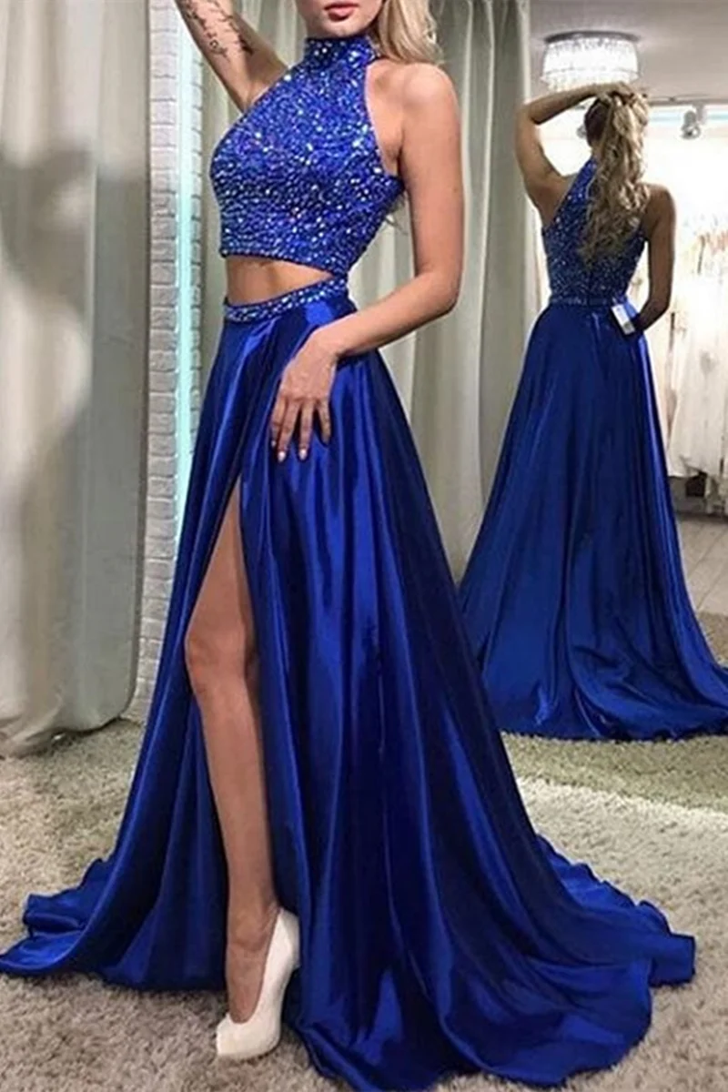 Royal Blue Halter Neck Tvådelad Bead Balklänning
