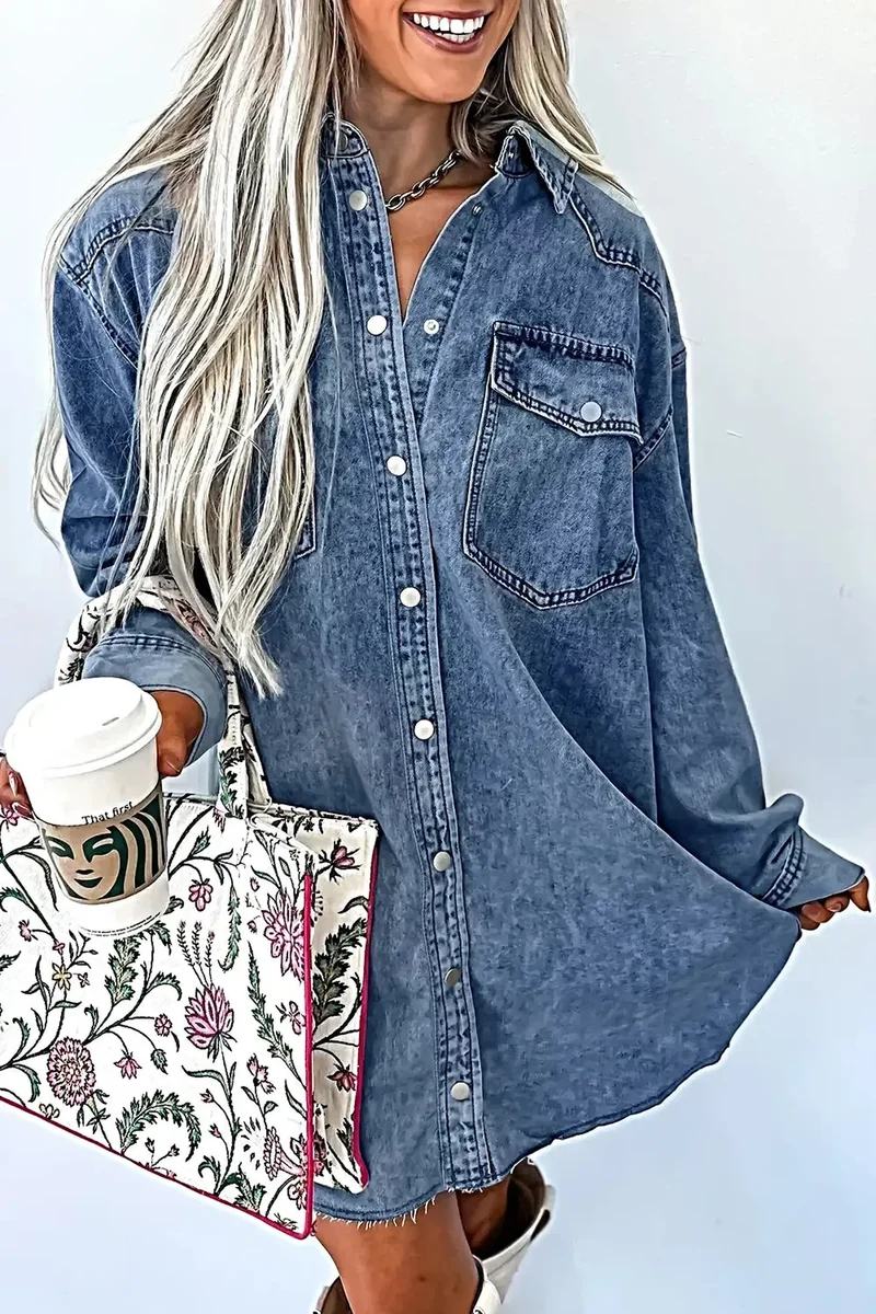 Vintage denimklänning med knappar framtill och fickor - 100 % bomull, maskintvättbar