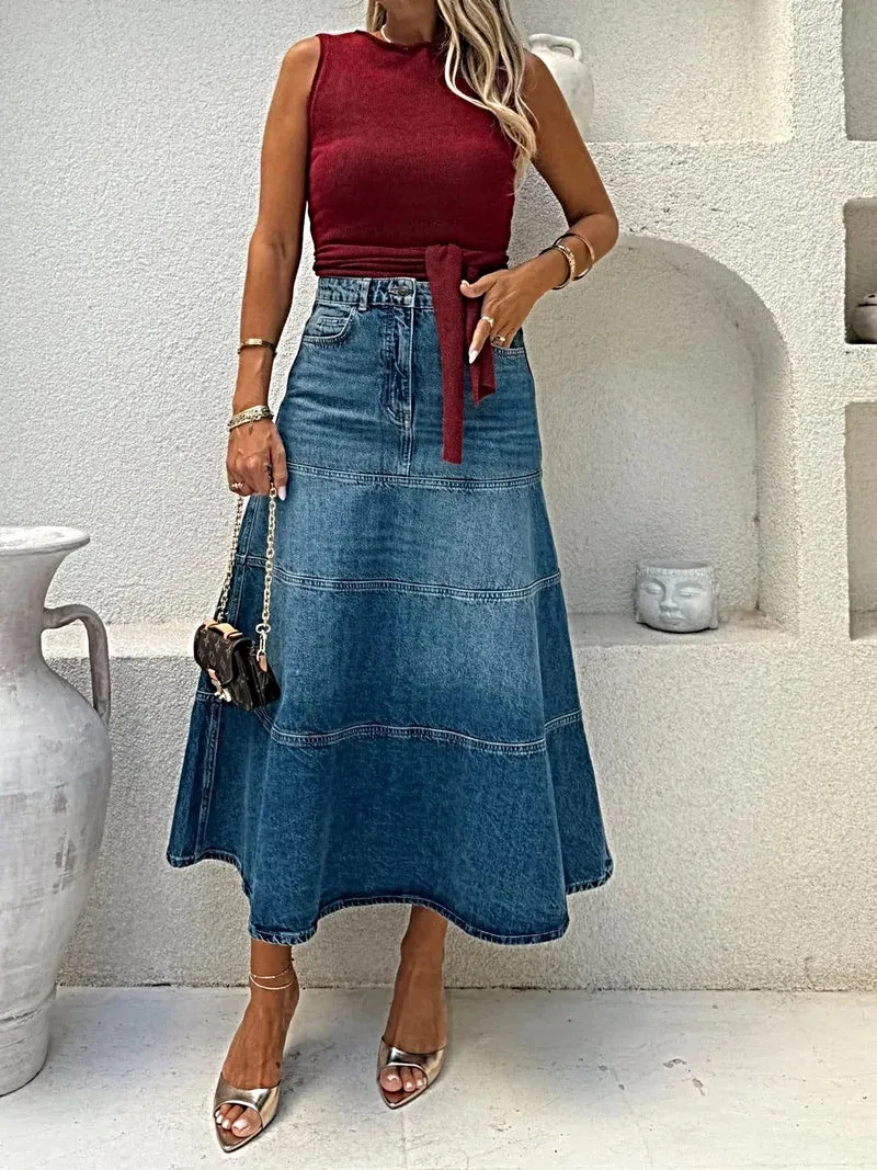 Lyxig denimkjol med hög midja och skärpdetaljer, icke-stretchig 95 % rayonblandning, elegant passform