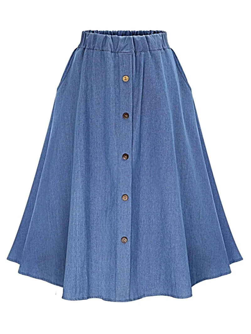 A-linjeformad kjol med knappar framtill och fickor, 100 % polyester, snygg och bekväm