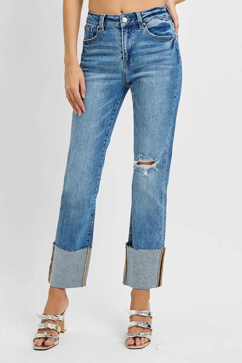 RISEN Full Size Hög midja Ankel Raka Vida Manschetter Jeans Plus Size
