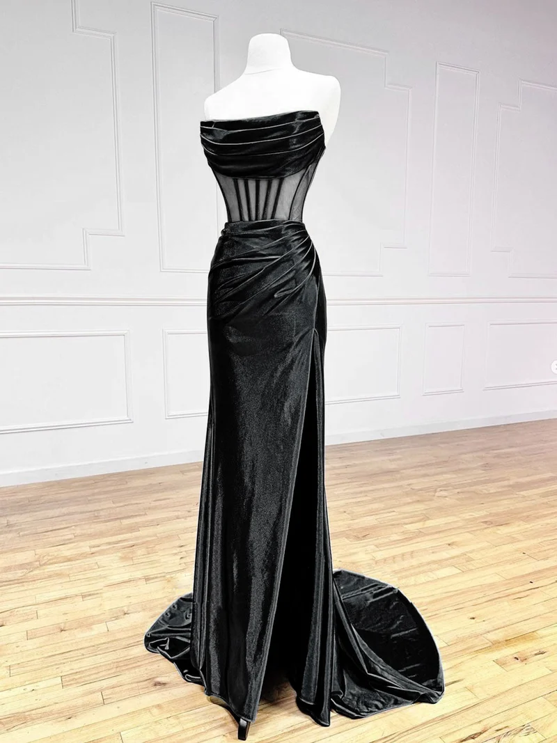 Elegant svart balklänning i satin med bara axlar: A-linjeformad, golvlång, elegant aftonklänning