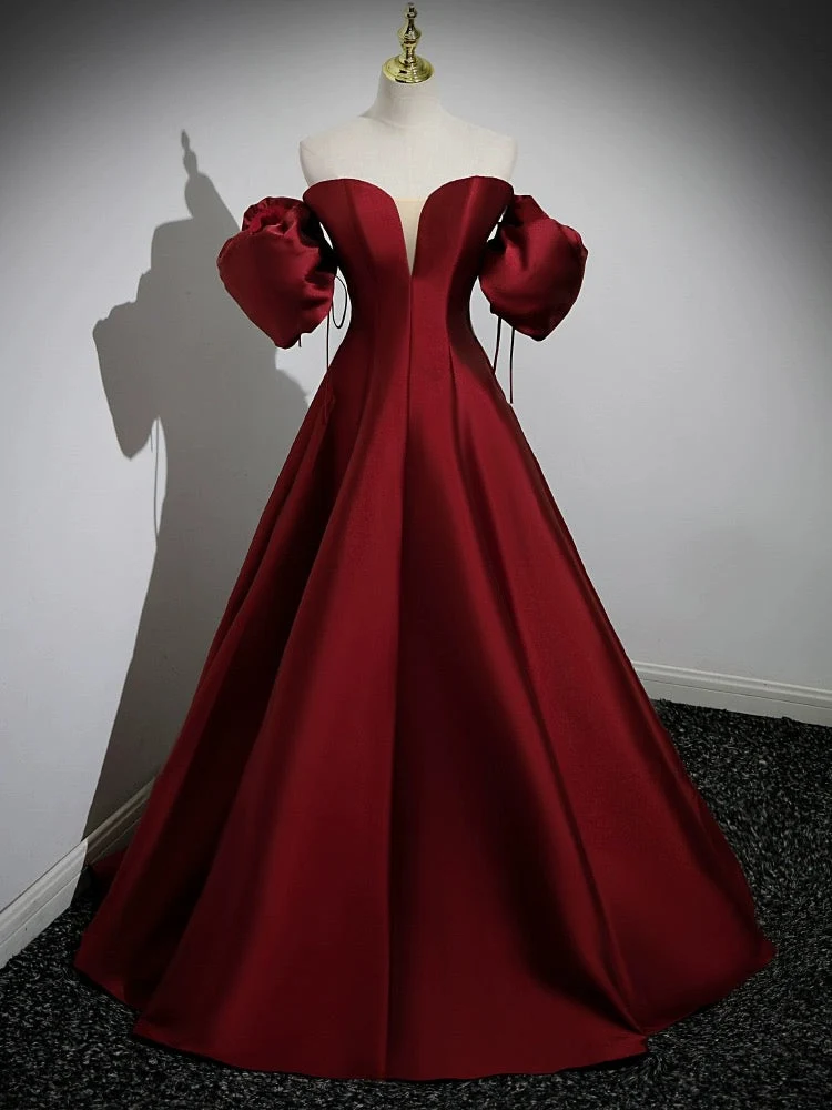 Elegant A-linjeformad Puffärm Satin Vinröd Lång Balklänning