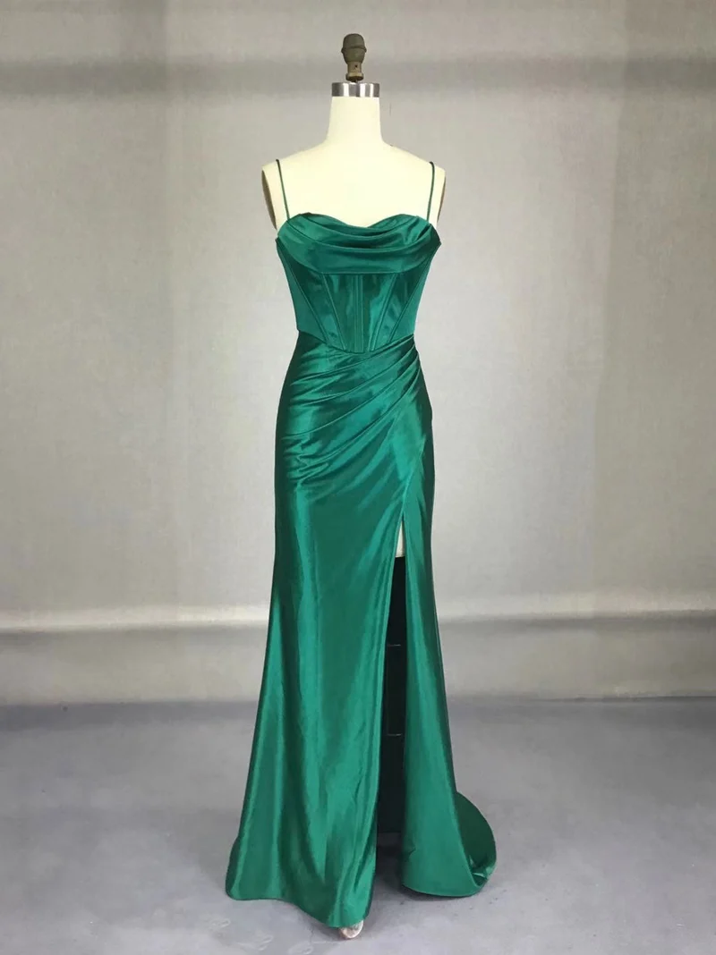 Elegant grön satin sjöjungfrubalklänning för kvinnor, lång formell klänning