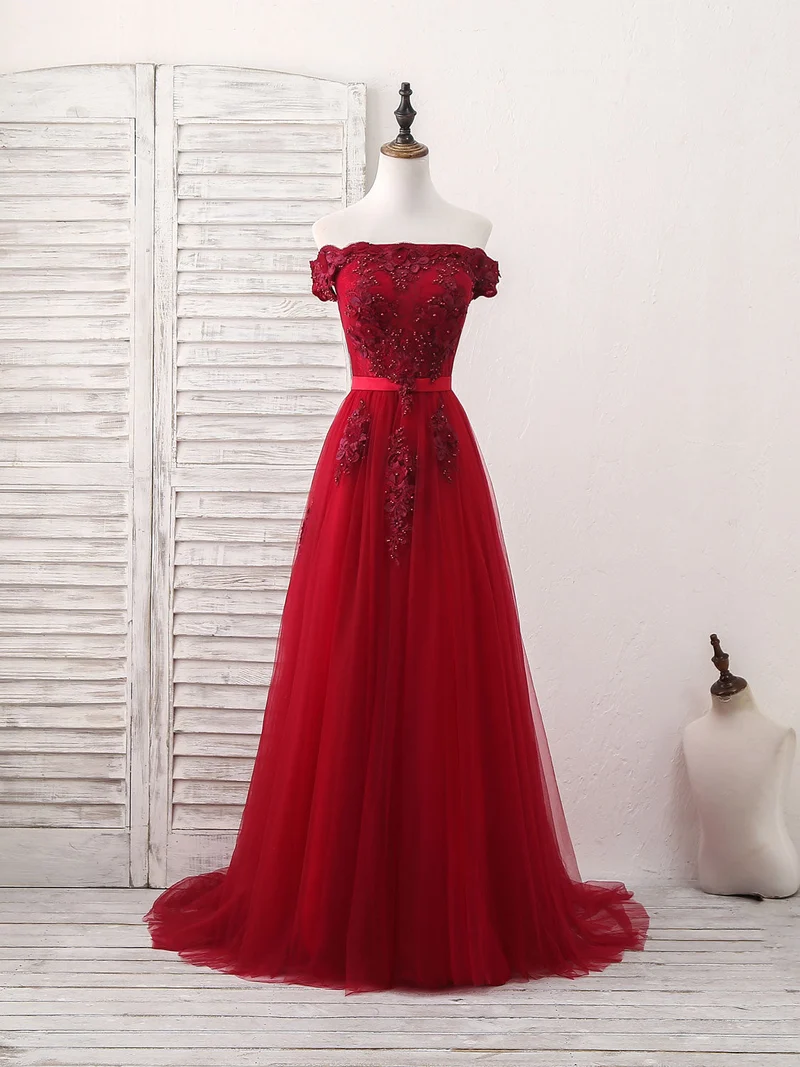 Elegant Vinröd Off-Shoulder Tyll Spets Applikation Lång Balklänning