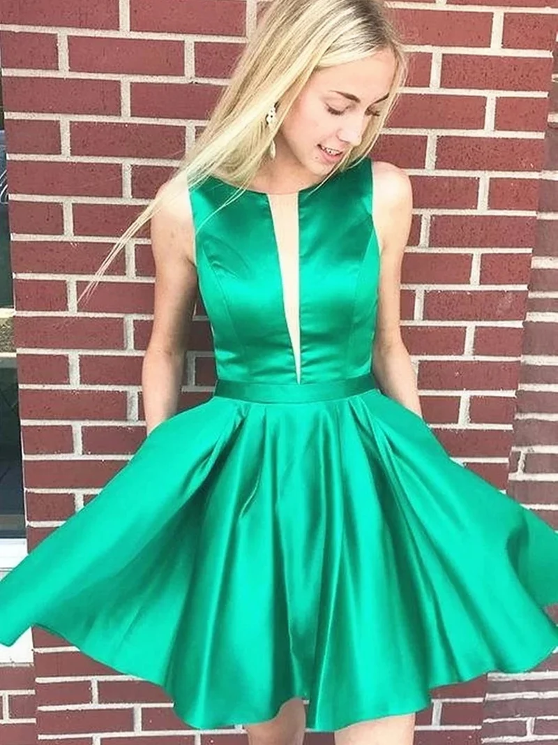Elegant Grön Satin Rygglös Kort Balklänning för Homecoming Cocktailparty