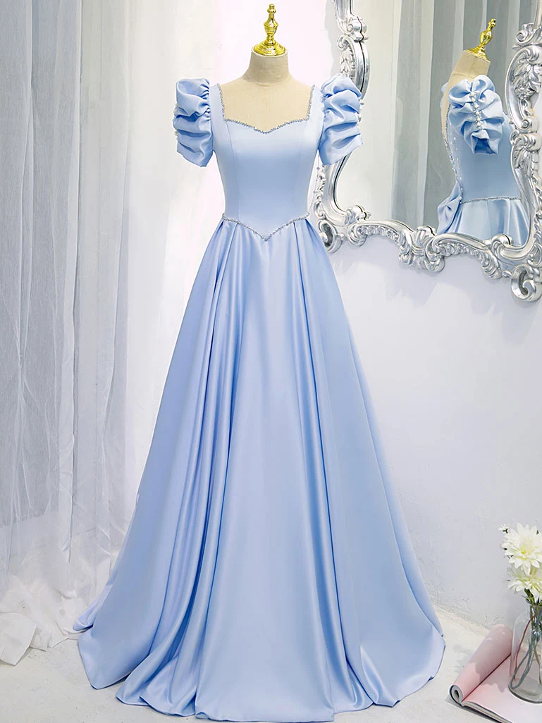 Elegant Glamorös Blå Satin Rygglös Lång Balklänning