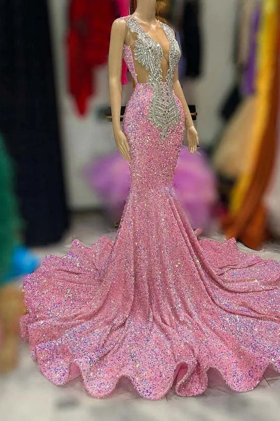 Glittrande rosa paljett-sjöjungfrubalklänning med eleganta breda axelband