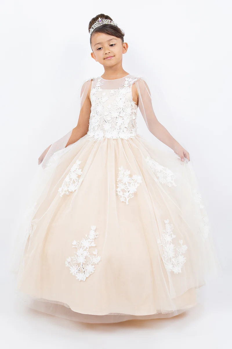 Vacker Illusion Tyll 3D Flower Girl Klänning från Cinderella Couture USA AS5126