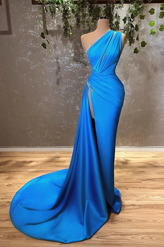 Elegant havsblå sjöjungfruklänning med en axel och slits till låren