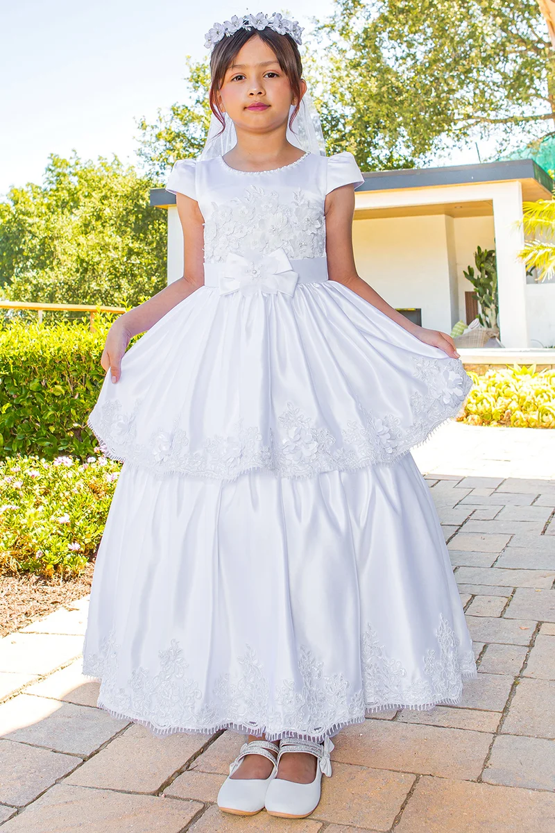 Illusion Top Satin Keps Sleeve Girl Communion Klänning från Cinderella Couture USA AS2910