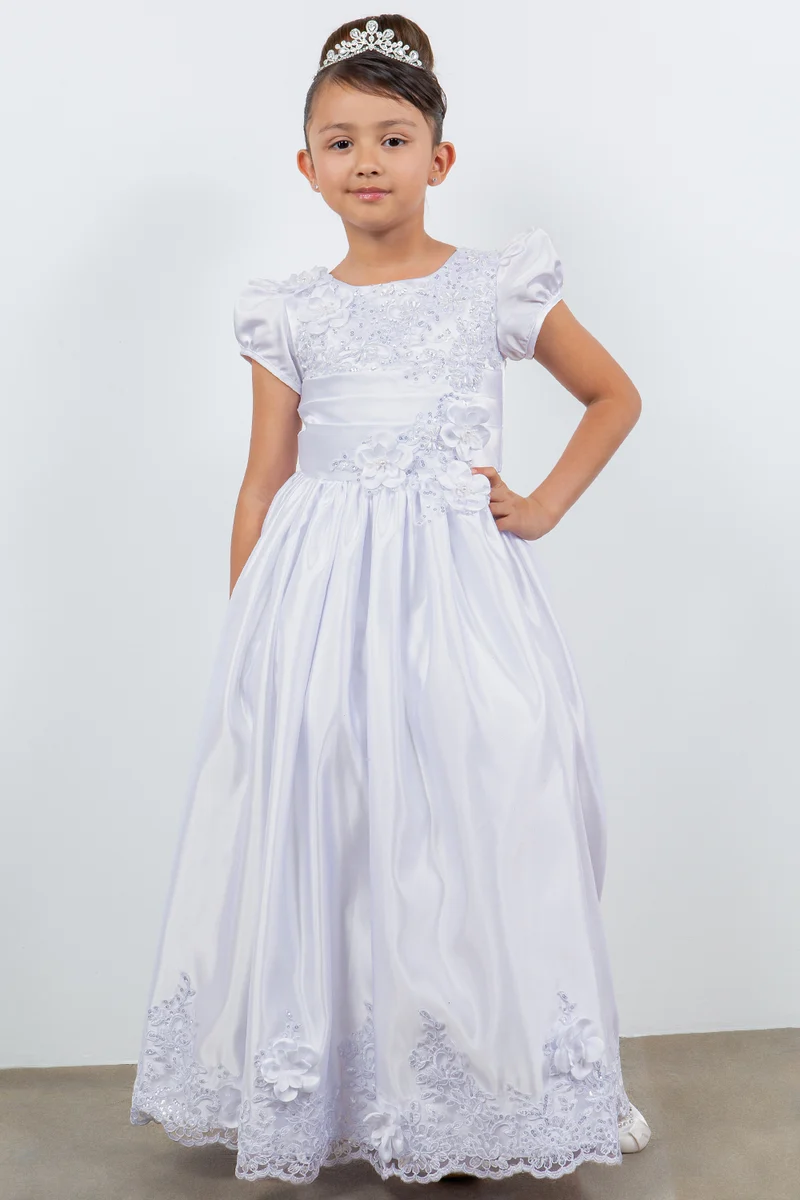 Elegant satin keps ärm flicka nattvardsklänning från Cinderella Couture USA AS2911