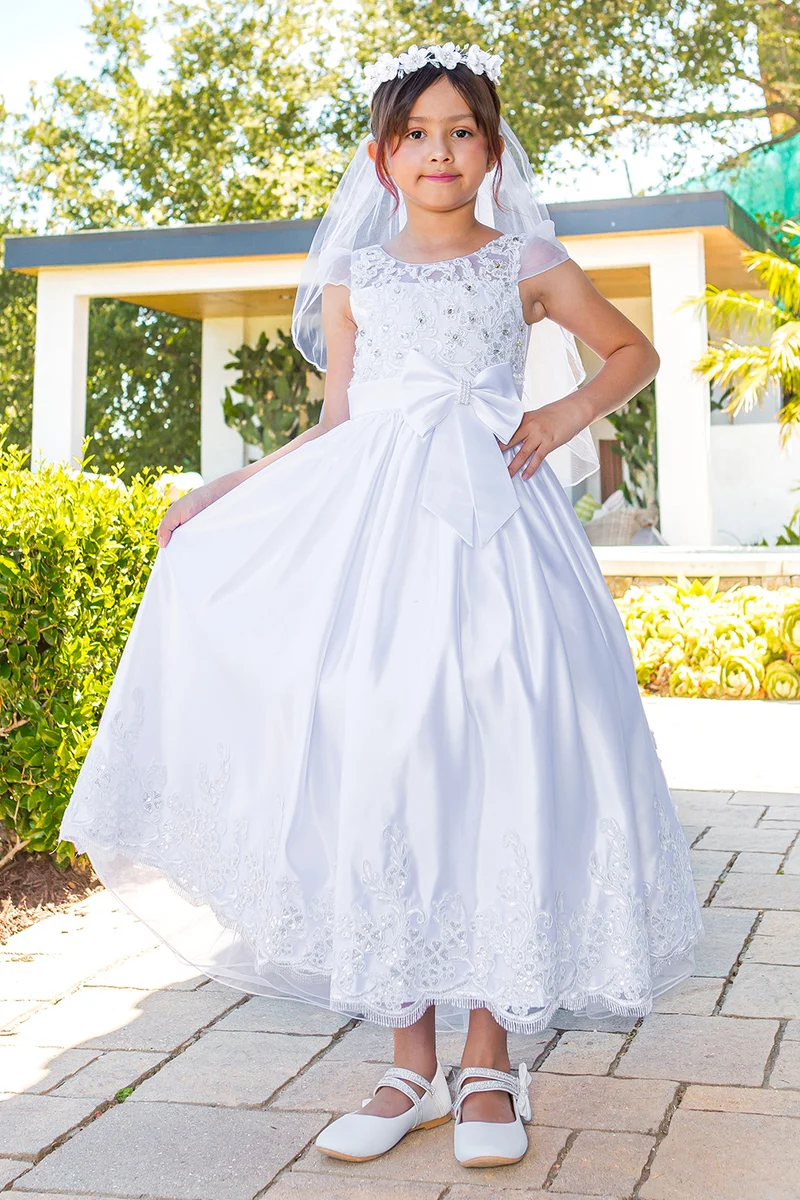 Utsmyckad Satin Ribbon A-Line Girl Communion Dress från Cinderella Couture USA AS2912