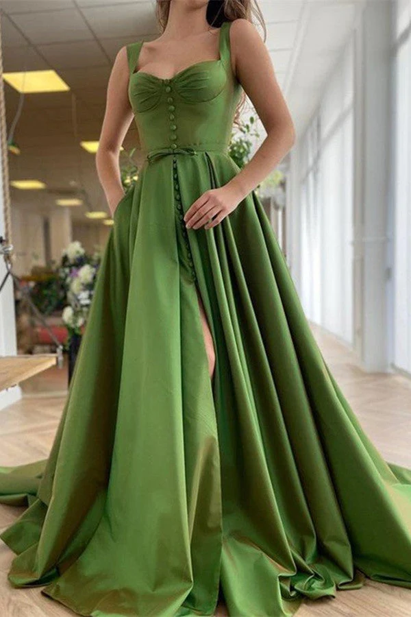 Elegant ärmlös balklänning med charmiga knappar och hög slits
