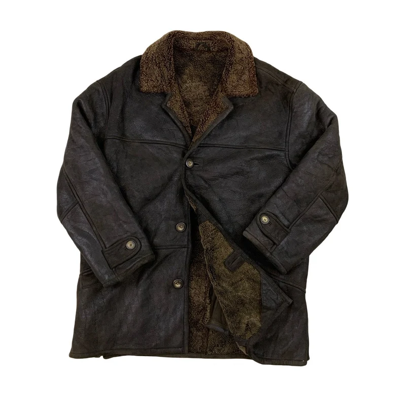 Vintage Brown Leather Shearling Jacket Sheepskin Coat Suede XL
