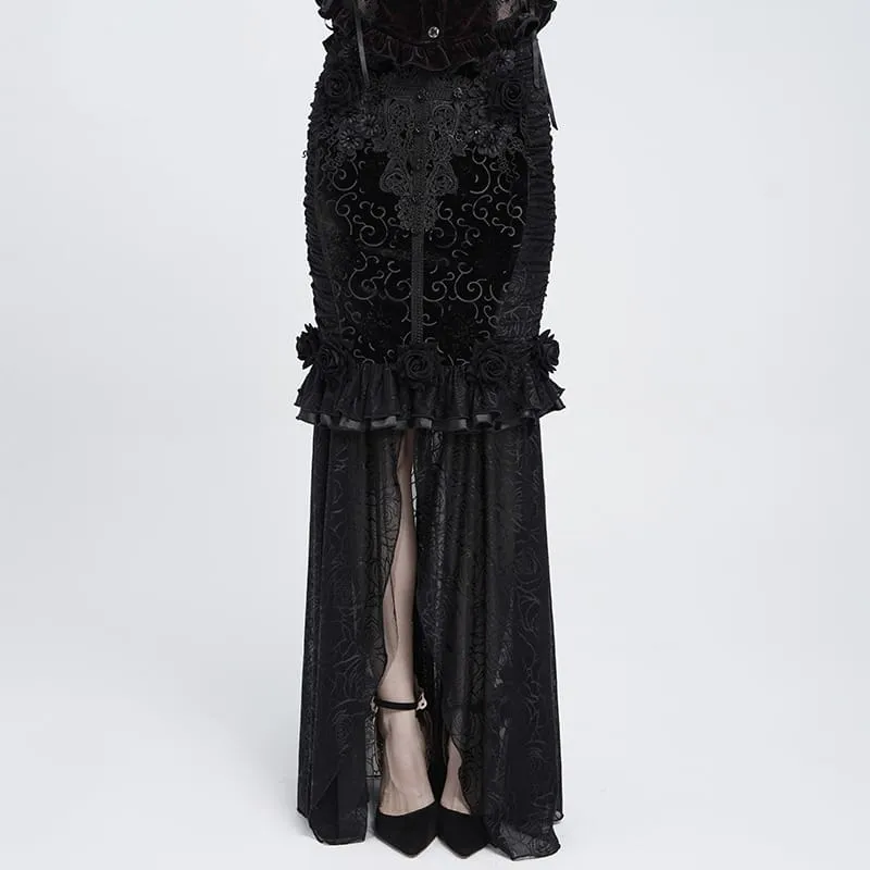 Dam Gothic Rose Ruffle Rynkad Sjöjungfru Lång Kjol Svart