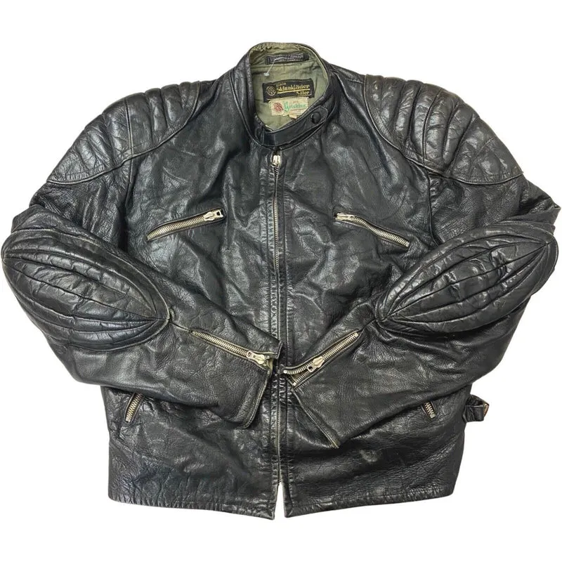 Vintage 1960s Black Biker Black Goatskin Leather Jacket M