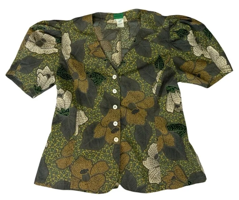 VTG KENZO PARIS GREEN FLORAL PRINT PUFF SLEEVE V NECK BUTTON UP BLOUSE SIZE S/M