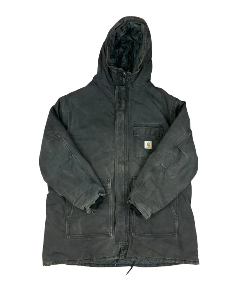 Vtg Faded Black Carhartt Heavy Duck Canvas Hooded Workwear Jacket Distressed 3XL
