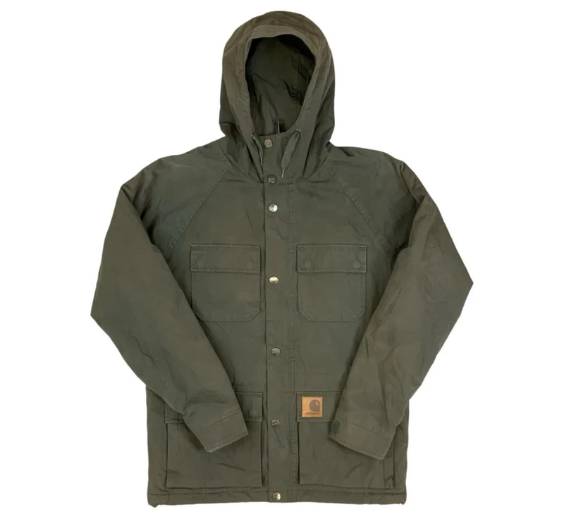 Carhartt Mosley khaki Hooded Parka Poly Cotton Zip Jacket Warm Winter Lined UK S