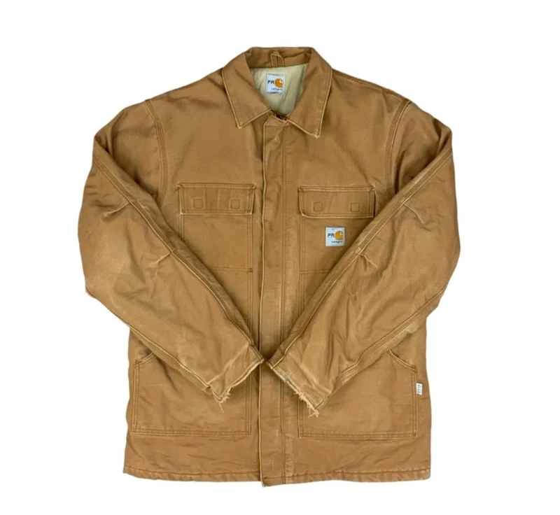 Vtg Carhartt FR tan Duck Canvas Workwear chore Jacket Hamilton Brown UK XL