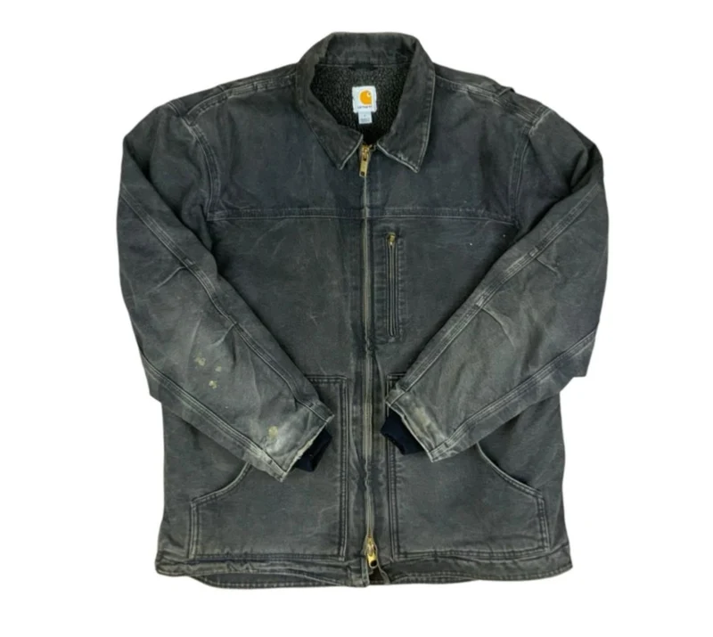 Vtg Carhartt Distressed Black Heavy Duck Canvas Workwear Jacket Fleece Lined XL