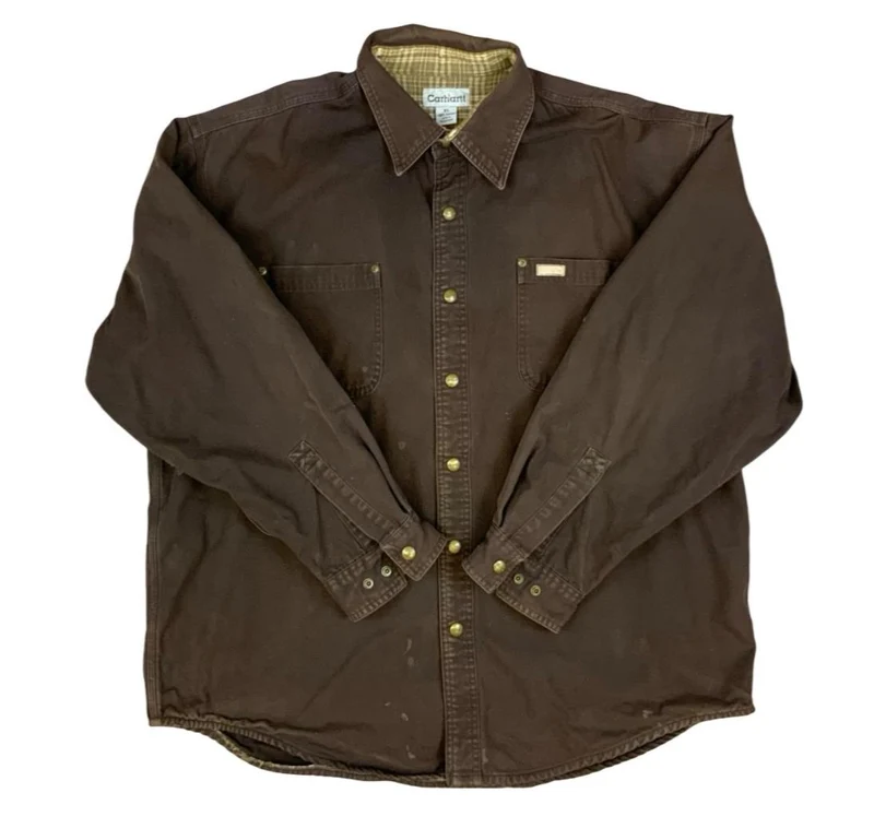 Vtg Carhartt Chocolate Brown Duck Canvas Lined Workwear Shirt Distressed XXL