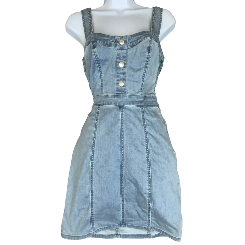 Vtg 90s 'GUESS' Light Wash Blue Denim Sleeveless Bodycon Mini Dress UK XS 4