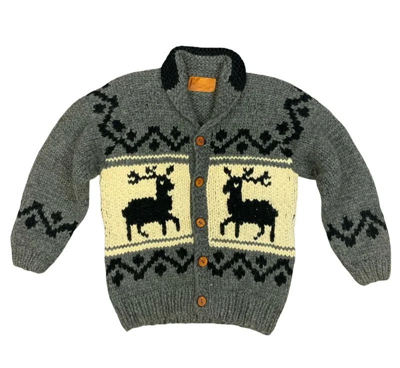 Vtg Wool HandKnit Traditional Native Canadian Cowichan Cardigan Salish Indian L