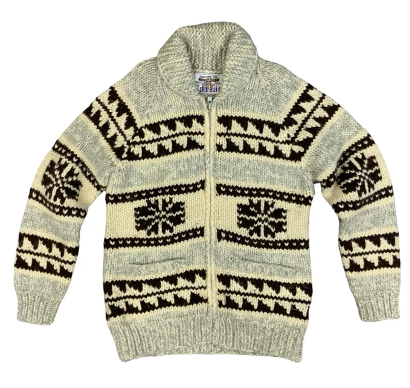Vtg Wool Hand Knit Traditional Native Canadian Cowichan Cardigan Salish Indian M
