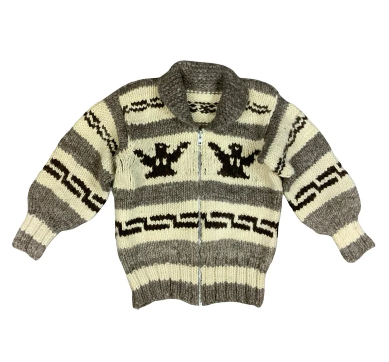 Vtg Wool Hand Knit Traditional Native Canadian Cowichan Cardigan Salish Indian S
