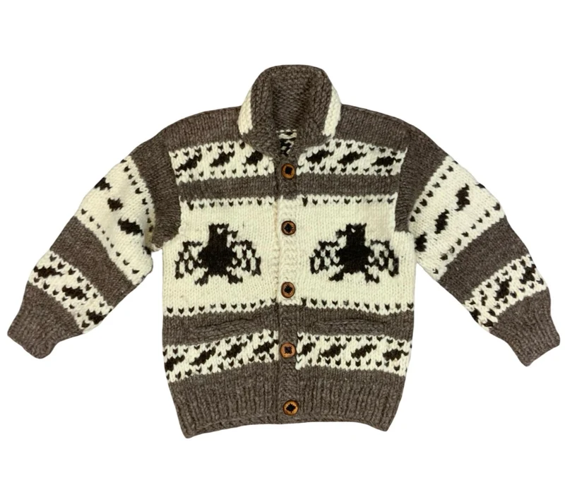 Vtg Wool Hand Knit Traditional Native Canadian Cowichan Cardigan Salish Indian L