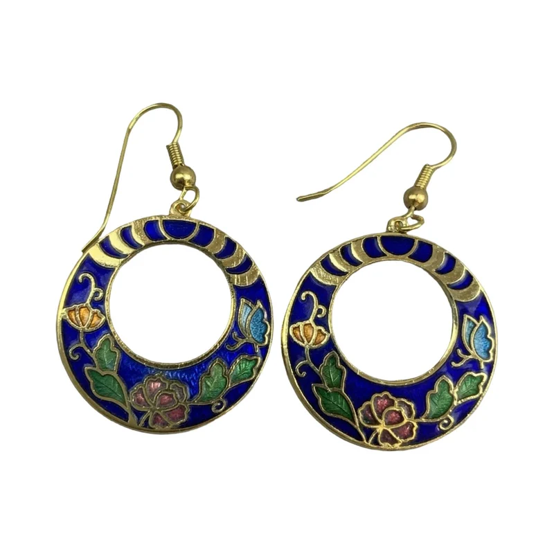 VTG 90S BLUE GOLD GREEN ART DECO FLORAL ENAMEL GEOMETRIC DROP EARRINGS ENV11