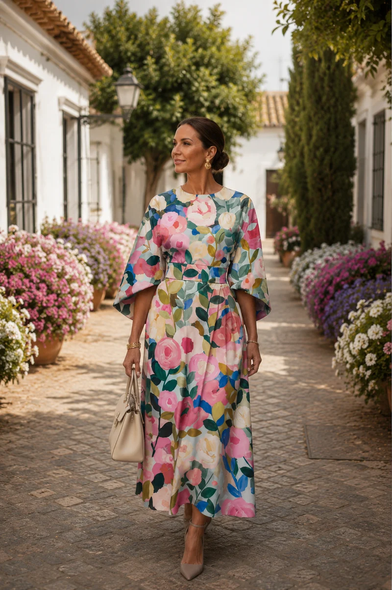 Celeste - Elegant Blommig Midiklänning