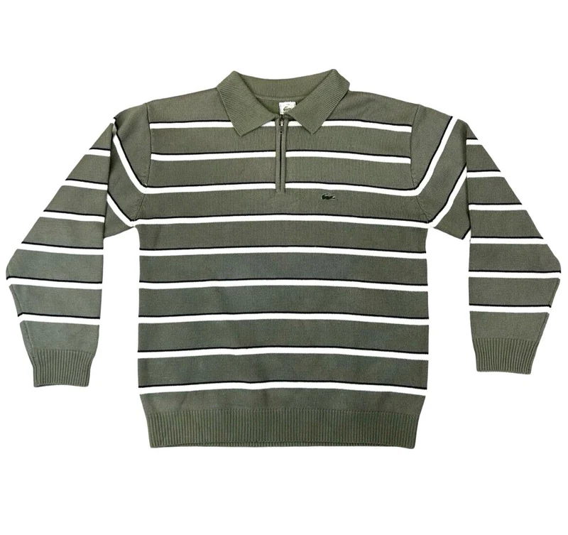 VTG 80s LACOSTE GREEN WHITE 1/4 ZIP KNITTED POLO SHIRT JUMPER SIZE XL