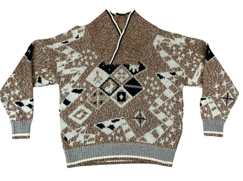 VTG 80s HUGO BOSS BROWN KNITTED SHAWL COLLAR JUMPER SIZE XL