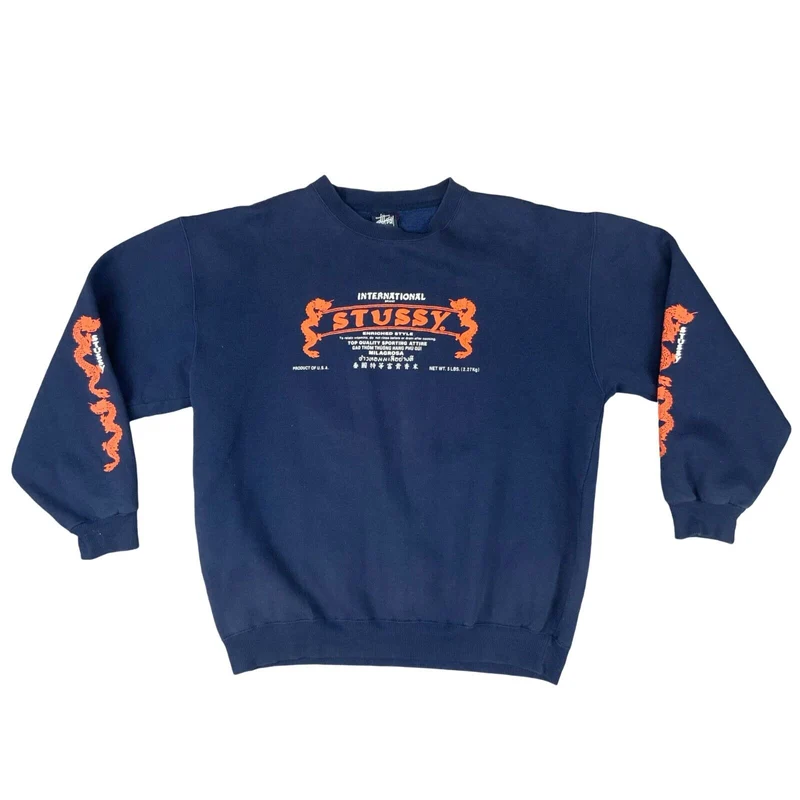 VTG RARE STUSSY INTERNATIONAL NAVY BLUE ORANGE DRAGON CREW NECK SWEATSHIRT M