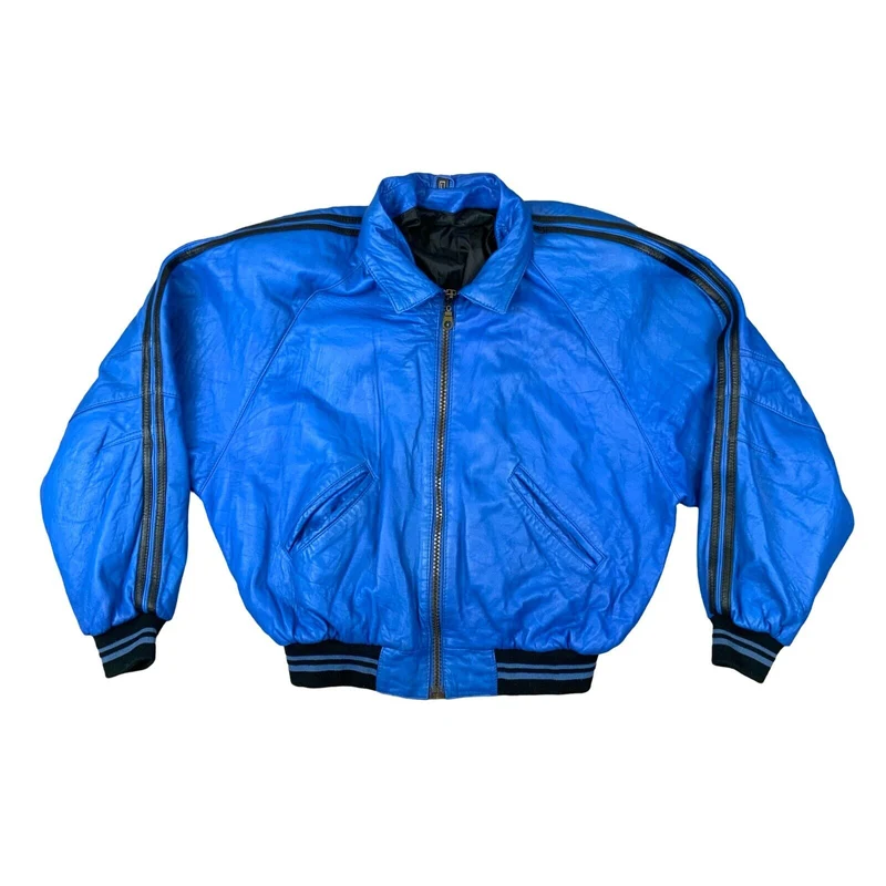 VTG 1980S BRIGHT BLUE SOFT LAMBSKIN LEATHER VARSITY STYLE BOMBER JACKET L 44